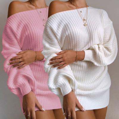 China Women's Clothing Tops New Arrival Autumn High Elastic Knitting Anti-pilling Winter 2021 One Off Shoulder Casual Long Sleeve Loose Sweaters Dress for sale