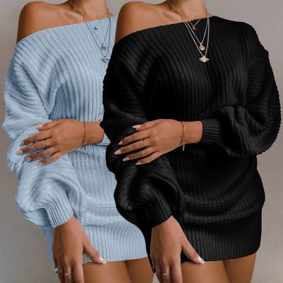 China New Arrival Autumn Winter 2021 Anti-pilling One Off Shoulder Casual Long Sleeve Loose Sweaters Dress Knitting Women Tops Fashionable Clothing for sale