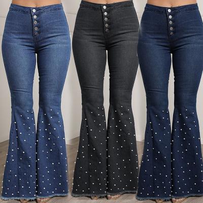 China New Arrival Autumn Spring Plus Size Women's 2021 Sustainable Jeans Pearl Cotton High Elastic Boot-Cut High Waist Women Ladies Jeans Pants for sale