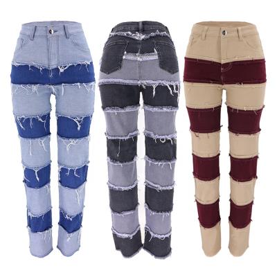 China 2021 Autumn Spring Spliced ​​High Waist Viable Straight Jeans New Arrival Streetwear Elastic Women's Jeans Ladies Ripped Pants for sale