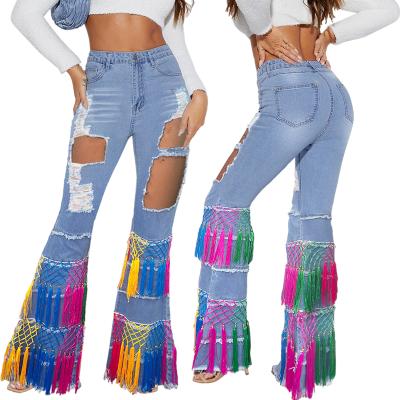 China 2021 New Arrival Sustainable Autumn Spring High Waist Straight Holes Tassel Jeans Loose Jeans For Women Spliced ​​Pants Women Clothing for sale