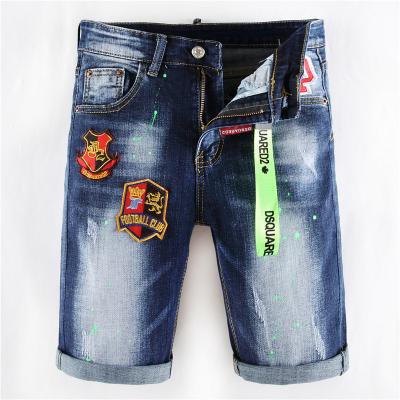 China Viable stretch denim shorts badge version summer men's thin embroidered version five-point pants Korean printing trend mid-rise shorts for sale