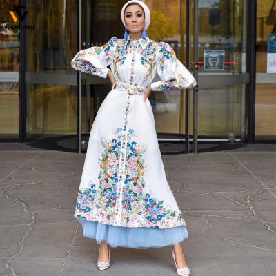 China 2021 New Anti-Static Arabic Women Digital Print Mid-waist Puffy Long Sleeve Lapel Long Skirt Muslim Dress Long Dress for sale