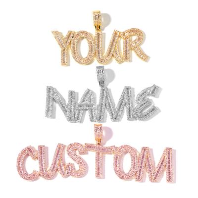 China TRENDY Custom Jewelry 26 Name HipHop Iced Out Diamond Cursive Baguette Letter Name Bling Pendant Necklace for sale