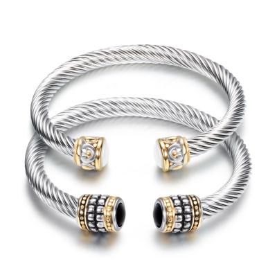 China TRENDY Men Women Stainless Steel Jewelry Twisted Semi-Precious Stone Cable Wire Wrapped Retro Cuff Bangle Bracelet for sale