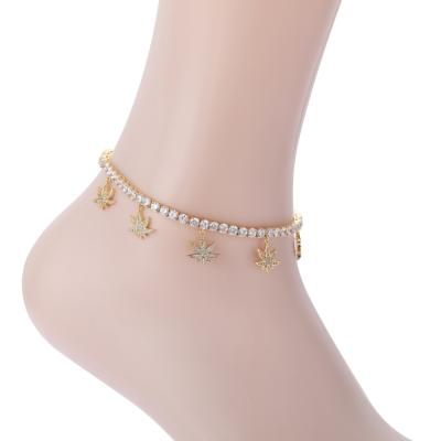 China FASHIONABLE wholesale thin layer gold iced out zircon tennis anklet chain with maple leaf charms women gift for sale