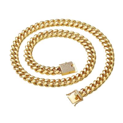 China Mens Womens Gold 14mm Stainless Steel Miami Cuba Link Chain Trendy Trendy Jewelry With Iced Out Buckle for sale