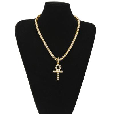 China Hip hop men hip hop dropshipping gold alloy iced out bling rhinestone tennis chain with cross ankh pendant for sale