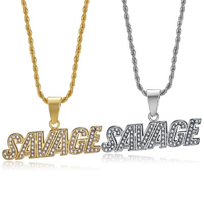 China Punk Gold Diamond Initial Letter SAVAGE Rhinestone Statement Necklace Hip Hop 316L Stainless Steel Jewelry for sale