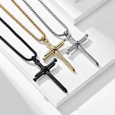 China TRENDY 14k Gold Stainless Steel Gold Crucifix Simple Cross Nail Charm Men's Fashion Catholic Pendant Necklace for sale