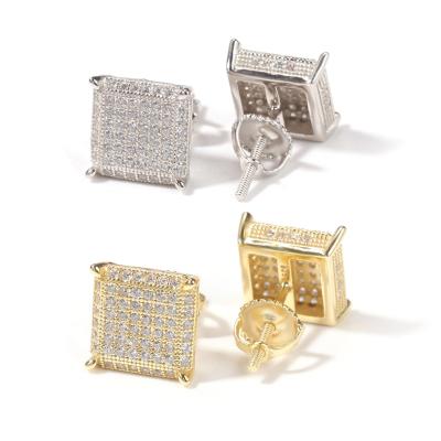 China 925 Gold Fashion Trendy Men's Hip Hop Cubic Zironica Diamond Silver Geometric Square Stud Earring Minimalist for sale