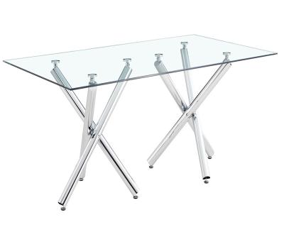 China Nordic technique tempered glass adjustable dining table convertible with metal plated cross legs for sale