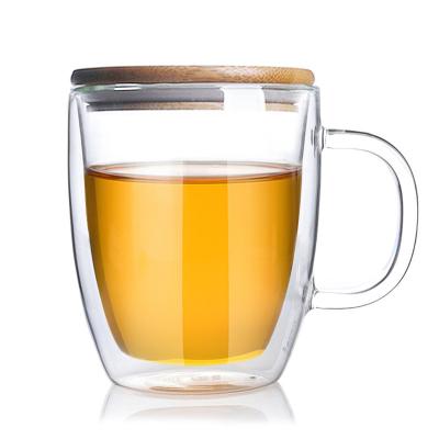 China High Borosilicate Double Wall Glass Tumbler , Transparent Tea Cup With Bamboo Lid for sale