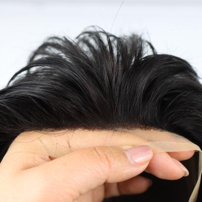 China 100% Full Human Hair Toupee Hairpiece Human Head Barely Shedding Deep Layers For Alopecia Man In Brown With Gray Frontal And Temporal Lobe Hair Wigs For Men for sale