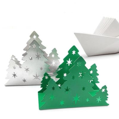 China Custom Contemporary Metal Green / Silver Christmas Tree Shape Napkin Holder Paper Tissue Holder for sale