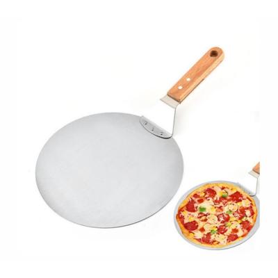 China Sustainable Factory 430 Stainless Steel Pizza Tools Wood Handle Oak Wood Pizza Plate 10 Inch Pizza Skin For Baking for sale