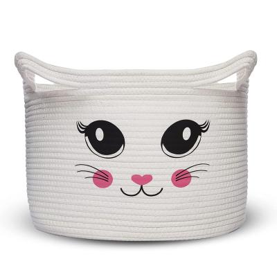 China Wholesale Viable Smiling Cat Basket Foldable Toy Large Cotton Rope Storage Basket With Easy Carry Handle for sale