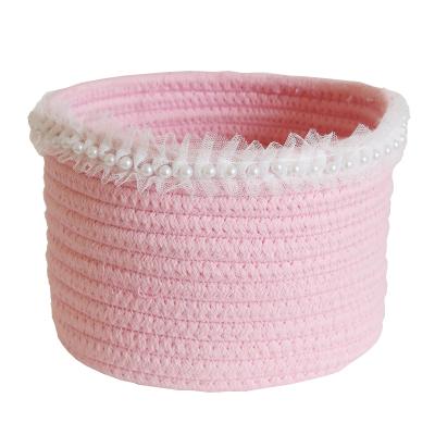 China Small Bucket Shape Storage Basket Sustainable Fashion Pink Cute Lace Cotton Rope Storage Basket for sale