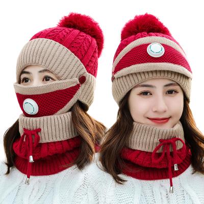 China COMMON Madame Pom Beanie Sets Comfortable Warm Women Wool Knitted Beanies With Collars for sale