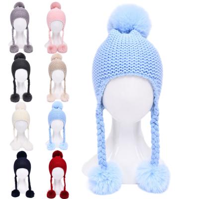 China Baby COMMON Warm Sale Winter Wear Daily Wear Acrylic Material With Cute Faux Fluffy Pompom Kids Beanie Hat for sale