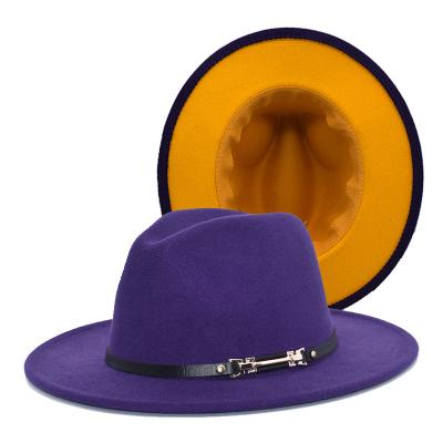 China Popular trending designer Wool Felt Fedora Hats Women Wide Brim two Tone Felt Fedora Hat from the image 2021 new for sale