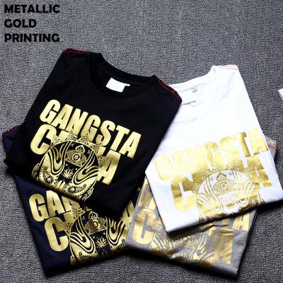 China Wholesale Custom Metallic Gold Plain Crew Neck Anti Shrink T Shirts Silk Screen Printing Logo Graphic Gilding Plus Size T Shirts For Men for sale