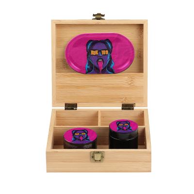 China Wholesale Metal+Wood Smoking Accessories Set Custom Logo Tobacco Kit Metal Herb Grinder Rolling Tray Wooden Bamboo Box for sale