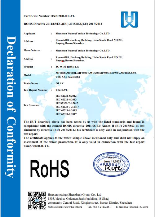 RoHS - Shenzhen Wanwei Yulian Technology Co., Ltd.