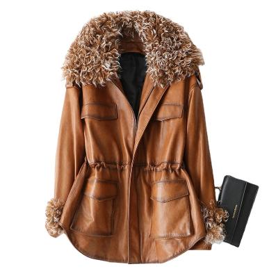 China Leisure 90% Sheep Real Women Fur Collar Sheepskin Jacket Lady Genuine Leather Coat Down Coat Female Overcoat A69026 for sale