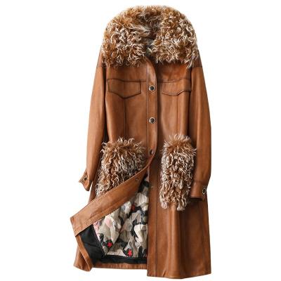 China Leisure 90% Sheep Real Women Fur Collar Jacket Genuine Leather Lady Coat Down Coat Female Overcoat A69027 for sale