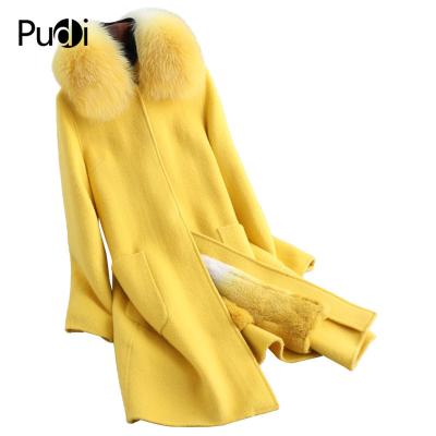 China A59766 Anti-wrinkle women winter real wool jacket overcoat long fox fur collar rex jacket fur lining girl warm coat lady for sale