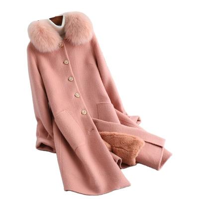 China Anti-wrinkle women woolen fur coat Lady Rex fur lining fox fur collar leisure fall 100%/winter wool real outwear long A59770 for sale