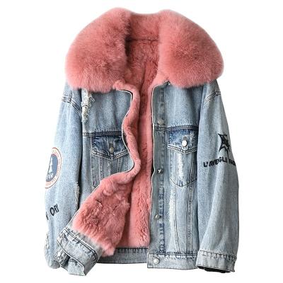 China Women winter cotton denim overcoat real rex fur collar fox fur jacket girl's long overcoat A49005 waist warm plus coat for sale