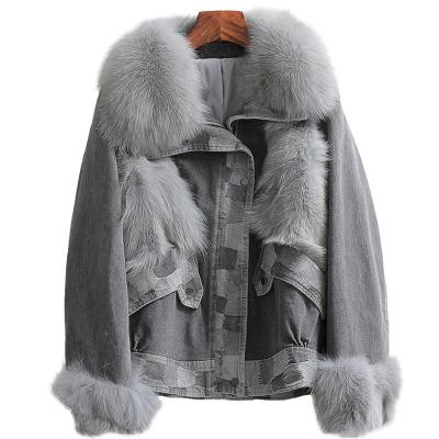 China REAL FUR PUDI Women Real Fox Fur Parka Ditch Winter Female Warm Cotton Coating Jeans Coat Jacket A11039 for sale