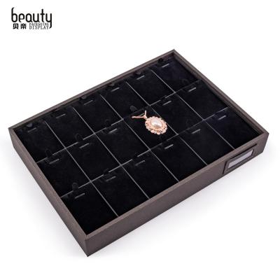 China BEAUTY Custom 18 Lattice Jewelry Necklace Functional Gray Pendant Necklace Display PU Leather Jewelry Display Tray Ring Earrings Exhibitor Storage Tray for sale