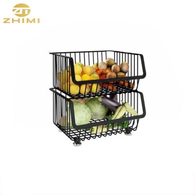 China Sustainable 2 Tier Home Kitchen Supplies Stand Up Fruit Sauce Bottle Storage Basket Metal Wire Kitchen Rack Black Vegetable Rack for sale