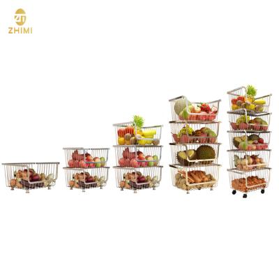 China New Style 304Stainless Steel Tiered Standing Type Sustainable Kitchen Vegetable And Fruit Storage Basket Rack With Wheels for sale