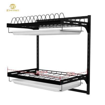 China Sustainable High Quality Wall Mounted 2 Tier Kitchen Metal Dish Drying Rack With Water Tray for sale