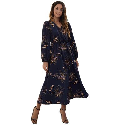 China New anti-static women's elegant long skirt v-neckline printed holiday casual dress for sale