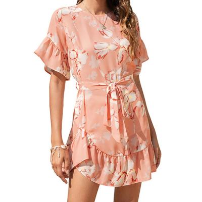 China 2021 New Summer Hot Sale Anti-Static Dress Women Fashion Round Neck Ruffle Print Floral Casual Skirt for sale