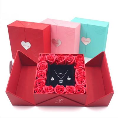 China Recyclable Handmade Paperboard Wedding Ring Jewelry Necklace Earrings Flower Boxes Customized Rigid Double Open Gift Box Packaging With Bag for sale