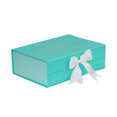 China Recyclable Custom Luxury Blue Folding Magnetic Gift Box for Lingerie Clothes Packaging with Silk Bow for sale