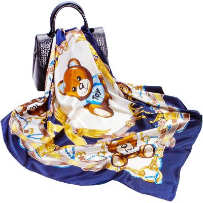 China Wholesale Polyester Bear Printed Silk Scarf For Women New 2021 Spring Artificial Silk Satin Square Scarf Shawl for sale