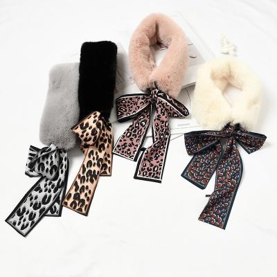 China Faux Fur Winter Scarf Leopard Print Narrow Ribbon Thickened Scarf Students Lady Mongolian Rabbit Fur Scarf for sale