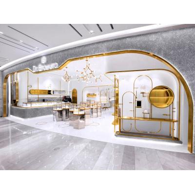 China LUX Fancy Design Factory Supply Custom Steel Glass Eco-friendly Gold Jewelry Display Cabinet Jewelery Showcase Jewelry Store Decoration for sale