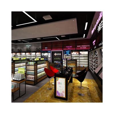 China LUX Classic Popular Cosmetic Shop Design With Wooden MDF Black Customized Cosmetic Shelves Free Cosmetic 5 Years Quality Warranty for sale