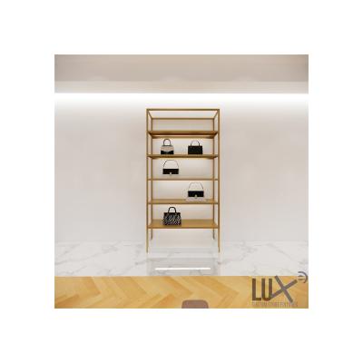 China LUX 3D Rendering Handbag Shop Design Retail Showroom Decoration Furniture MDF Bag Display Stand Gold White Wooden Handbag Shelf 5 Years Warranty quality for sale