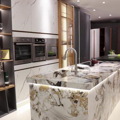 China Modern Luxury Style Home Furniture PVC And Glass Kitchen With Island Modern Design Sideboard for sale