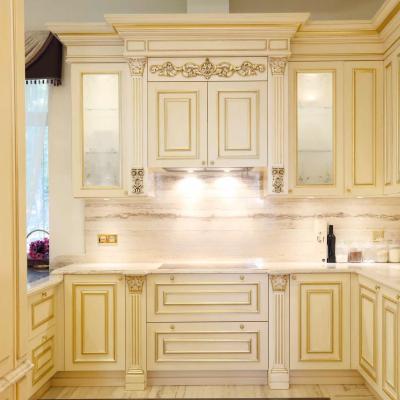 China America Design Kitchen Farmhouse Country Europen Design Kitchen Cabinets Solid Wood With Carve Face And Basin Faucet for sale