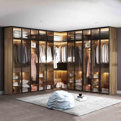 China Adjustable (Other) Customize Popular Design Metal Wardrobe Door Walnut Mixed Matte Glass Veneer With Led Strip for sale